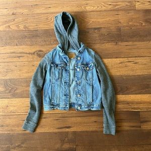 Hollister Distressed Jean Jacket with Sweater Sleeves and Hood